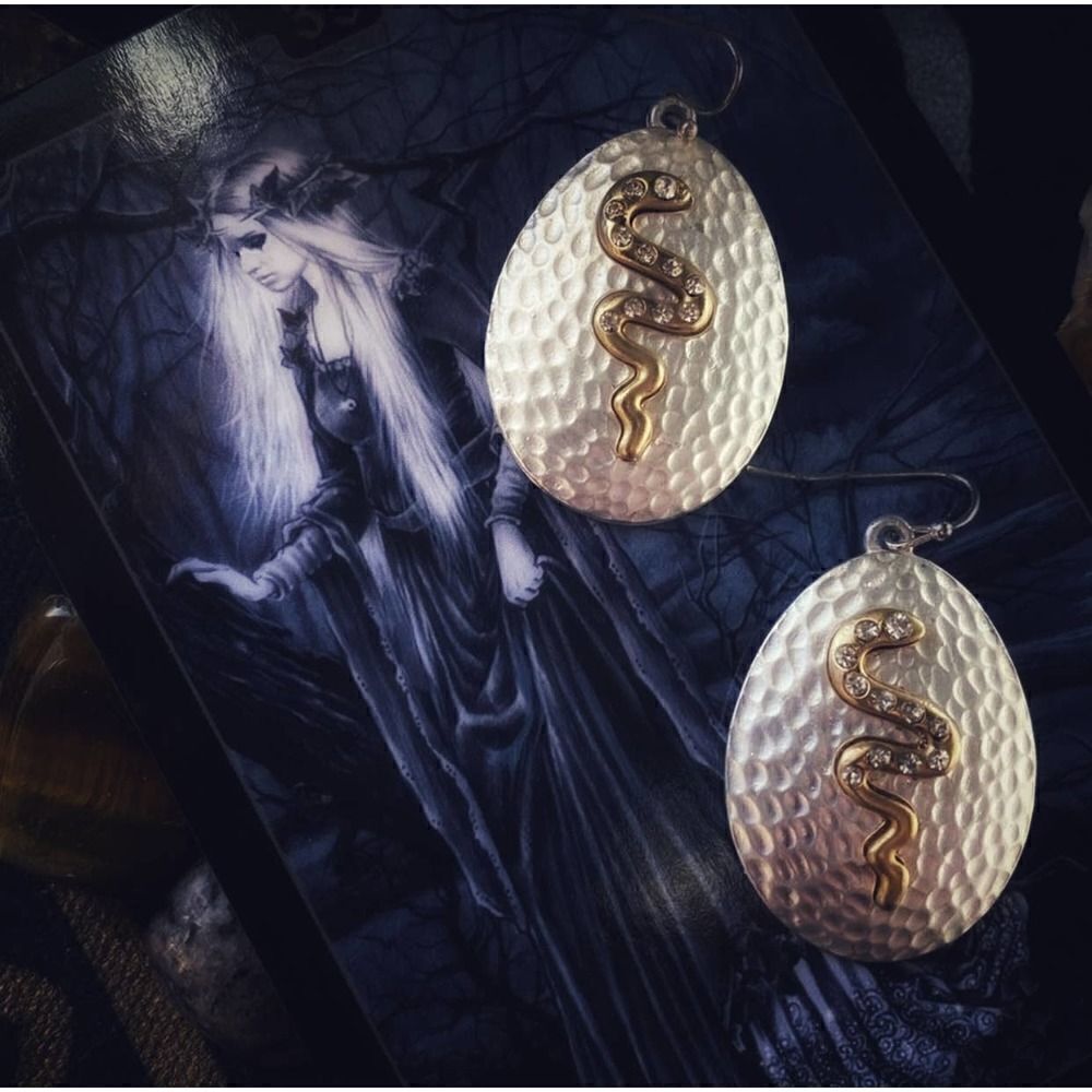 Two-Tone Brushed Silver And Gold Crystal Snake Earrings